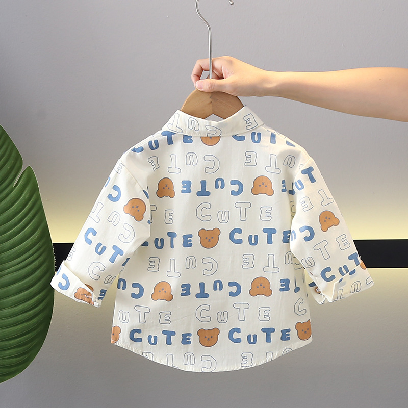 Vaikų marškiniai su ilgomis rankovėmis ir revero apykakle, 100% medvilnė, gyvūnų/animacinis raštas, Korėjos stiliaus, amžius 1–3 metai