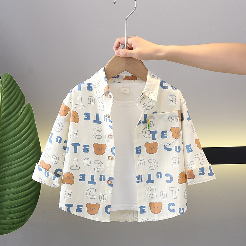 Vaikų marškiniai su ilgomis rankovėmis ir revero apykakle, 100% medvilnė, gyvūnų/animacinis raštas, Korėjos stiliaus, amžius 1–3 metai