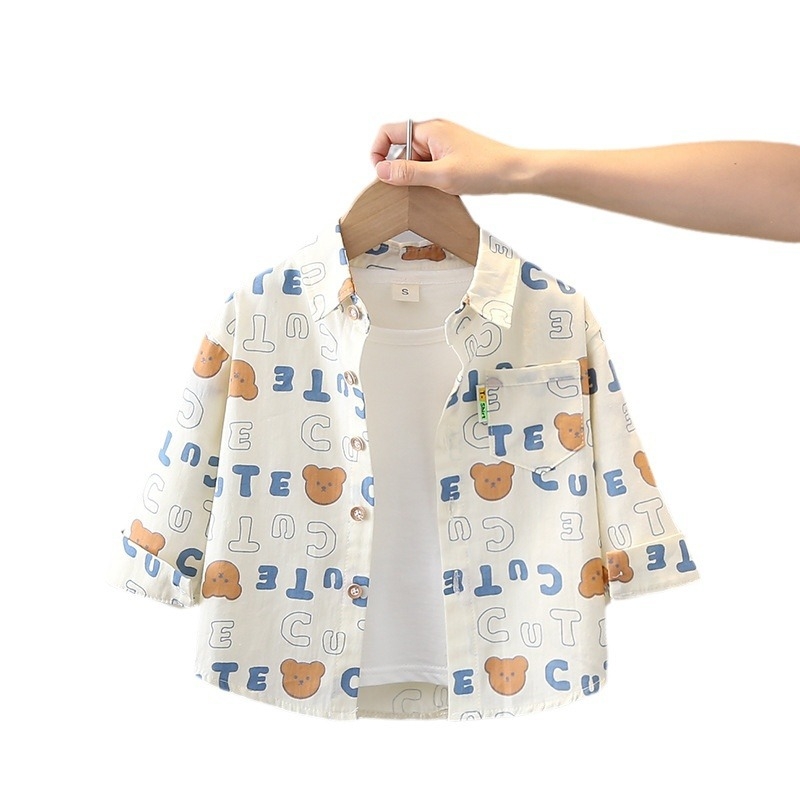 Vaikų marškiniai su ilgomis rankovėmis ir revero apykakle, 100% medvilnė, gyvūnų/animacinis raštas, Korėjos stiliaus, amžius 1–3 metai