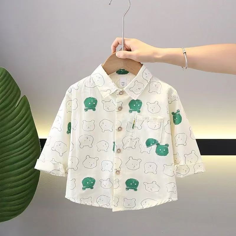 Vaikų marškiniai su ilgomis rankovėmis ir revero apykakle, 100% medvilnė, gyvūnų/animacinis raštas, Korėjos stiliaus, amžius 1–3 metai