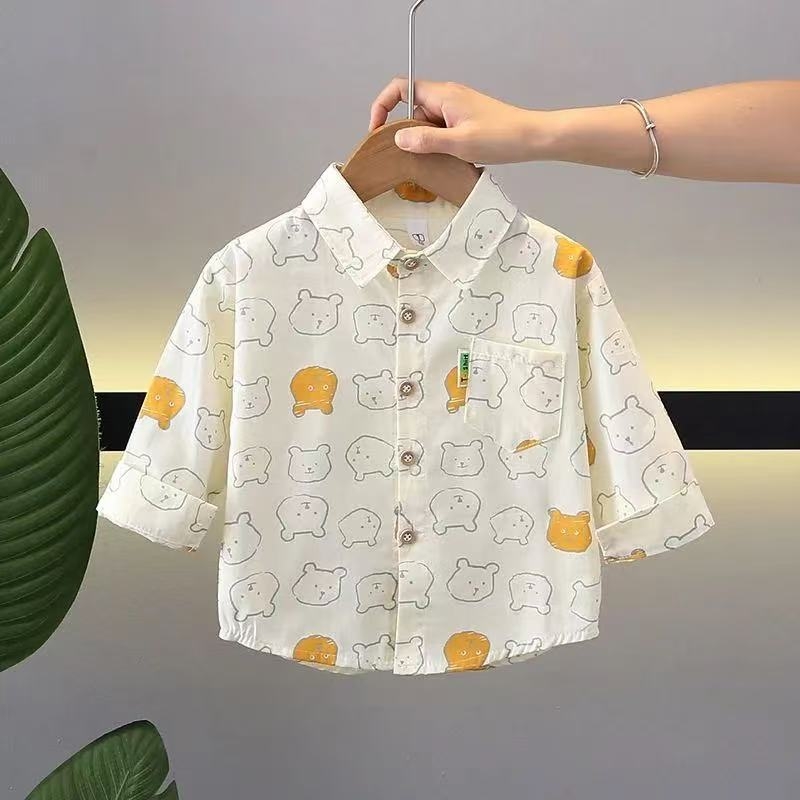 Vaikų marškiniai su ilgomis rankovėmis ir revero apykakle, 100% medvilnė, gyvūnų/animacinis raštas, Korėjos stiliaus, amžius 1–3 metai