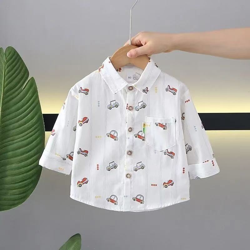 Vaikų marškiniai su ilgomis rankovėmis ir revero apykakle, 100% medvilnė, gyvūnų/animacinis raštas, Korėjos stiliaus, amžius 1–3 metai