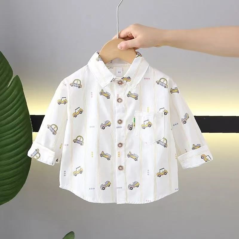 Vaikų marškiniai su ilgomis rankovėmis ir revero apykakle, 100% medvilnė, gyvūnų/animacinis raštas, Korėjos stiliaus, amžius 1–3 metai