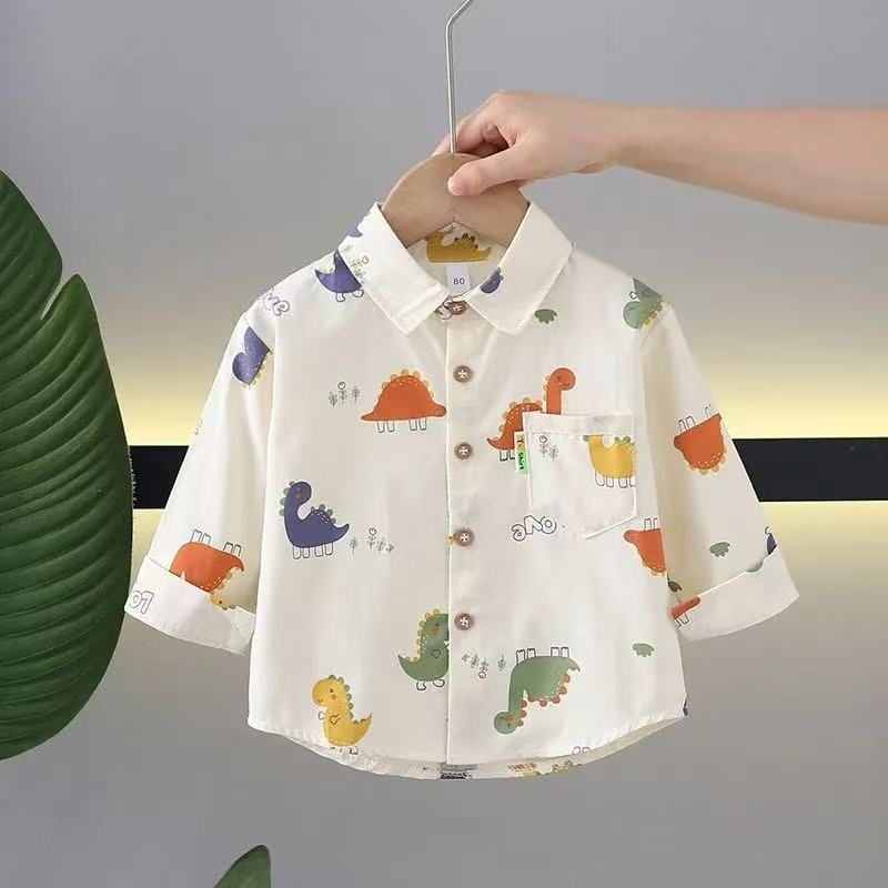 Vaikų marškiniai su ilgomis rankovėmis ir revero apykakle, 100% medvilnė, gyvūnų/animacinis raštas, Korėjos stiliaus, amžius 1–3 metai