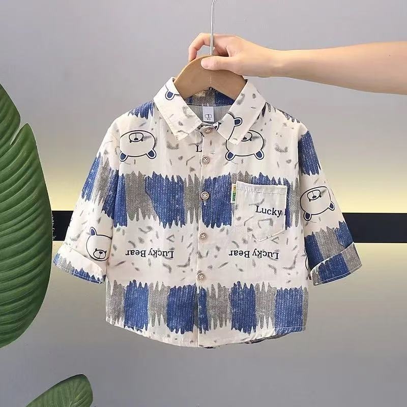 Vaikų marškiniai su ilgomis rankovėmis ir revero apykakle, 100% medvilnė, gyvūnų/animacinis raštas, Korėjos stiliaus, amžius 1–3 metai