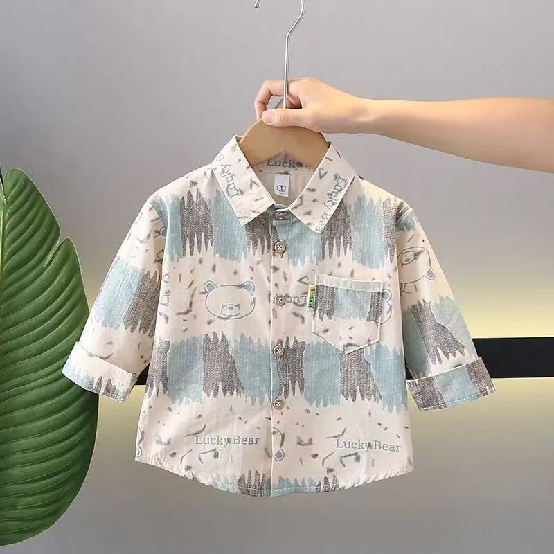 Vaikų marškiniai su ilgomis rankovėmis ir revero apykakle, 100% medvilnė, gyvūnų/animacinis raštas, Korėjos stiliaus, amžius 1–3 metai