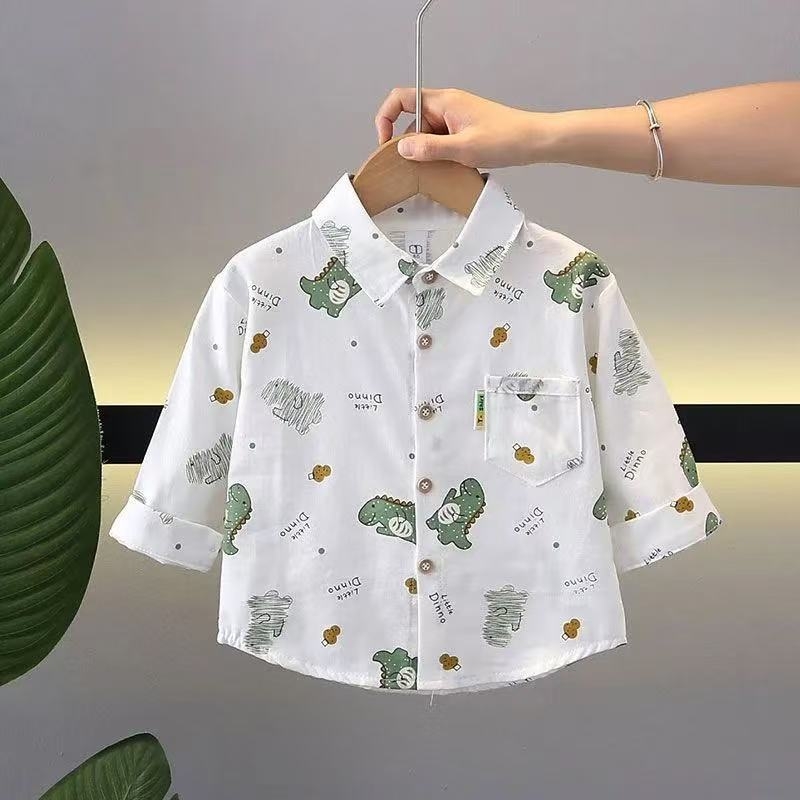 Vaikų marškiniai su ilgomis rankovėmis ir revero apykakle, 100% medvilnė, gyvūnų/animacinis raštas, Korėjos stiliaus, amžius 1–3 metai