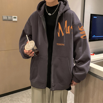 Hooded s zatvaranjem na zip kardigan, džemper s natpisom u hongkonškom stilu, mješavina pamuka i poliestera 58,7% / 41,3%, stojeći ovratnik, raglan rukavi, za sve sezone