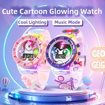 Elektroniska bērnu pulkstenis ar gaismu un mūziku, multfilmas dizains; kustība: elektroniska; ūdensizturība: Nē; korpuss: plastmasa; siksna: plastmasa; spogulis: plastmasa