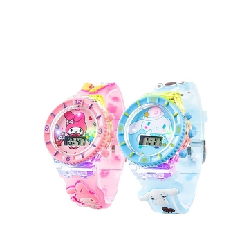 Elektroniska bērnu pulkstenis ar gaismu un mūziku, multfilmas dizains; kustība: elektroniska; ūdensizturība: Nē; korpuss: plastmasa; siksna: plastmasa; spogulis: plastmasa