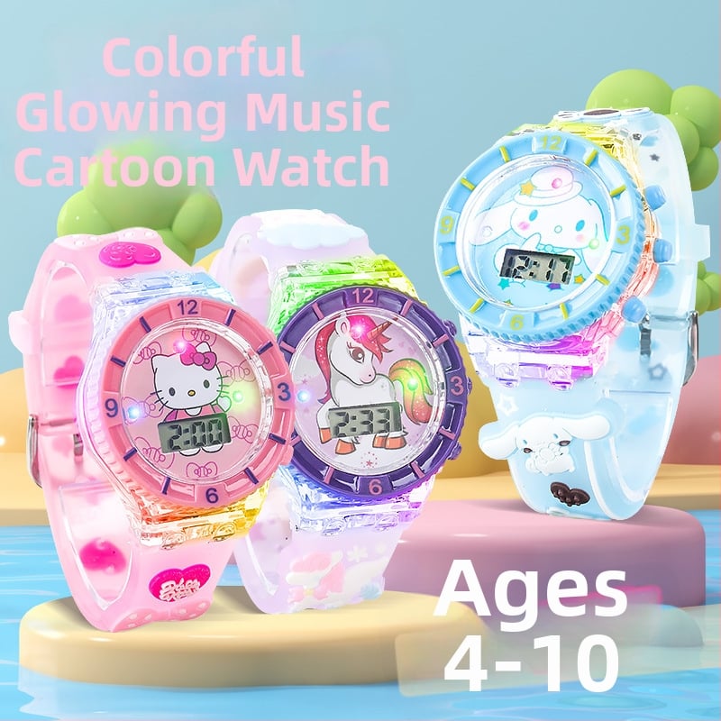 Elektroniska bērnu pulkstenis ar gaismu un mūziku, multfilmas dizains; kustība: elektroniska; ūdensizturība: Nē; korpuss: plastmasa; siksna: plastmasa; spogulis: plastmasa