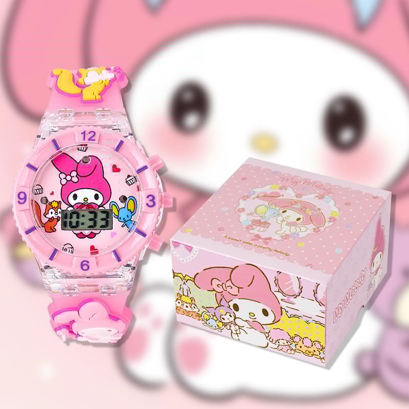 Elektroniska bērnu pulkstenis ar gaismu un mūziku, multfilmas dizains; kustība: elektroniska; ūdensizturība: Nē; korpuss: plastmasa; siksna: plastmasa; spogulis: plastmasa