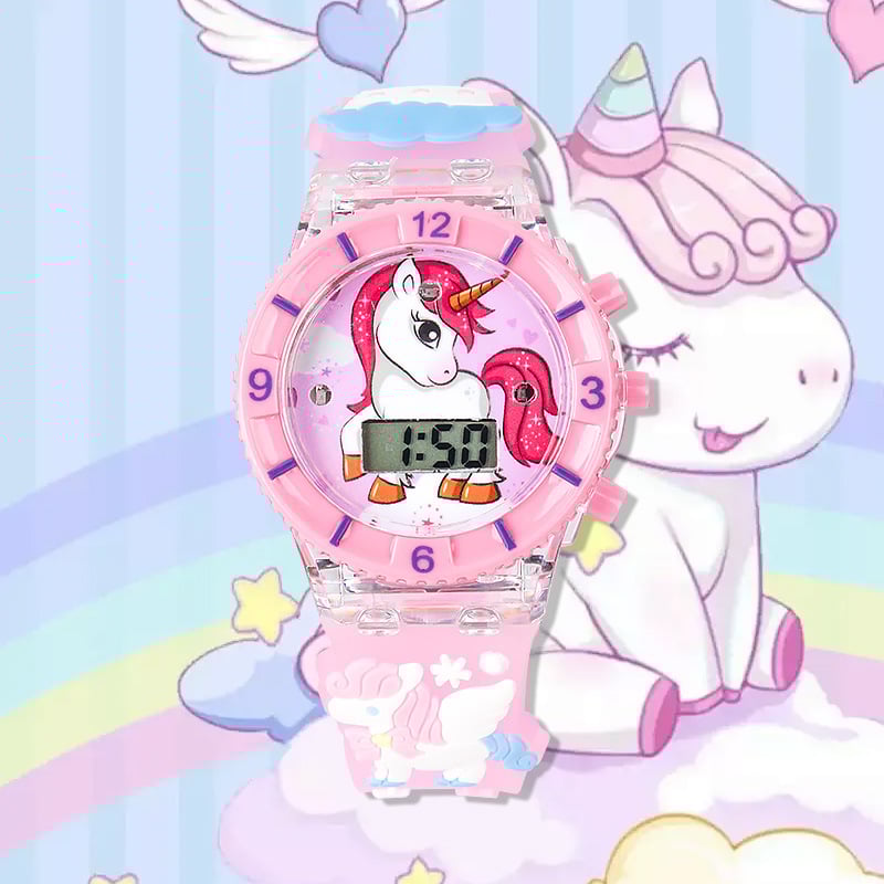 Elektroniska bērnu pulkstenis ar gaismu un mūziku, multfilmas dizains; kustība: elektroniska; ūdensizturība: Nē; korpuss: plastmasa; siksna: plastmasa; spogulis: plastmasa