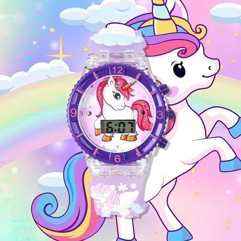 Elektroniska bērnu pulkstenis ar gaismu un mūziku, multfilmas dizains; kustība: elektroniska; ūdensizturība: Nē; korpuss: plastmasa; siksna: plastmasa; spogulis: plastmasa