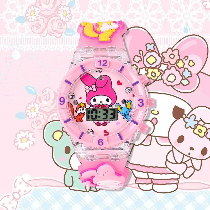 Elektroniska bērnu pulkstenis ar gaismu un mūziku, multfilmas dizains; kustība: elektroniska; ūdensizturība: Nē; korpuss: plastmasa; siksna: plastmasa; spogulis: plastmasa