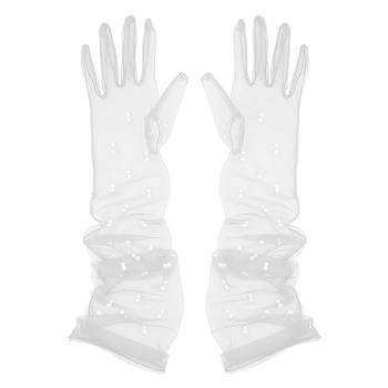 Ръкавички от мрежеста тюл с мъниста по пръстите, ултра тънки, до лактите, за сватба и балове