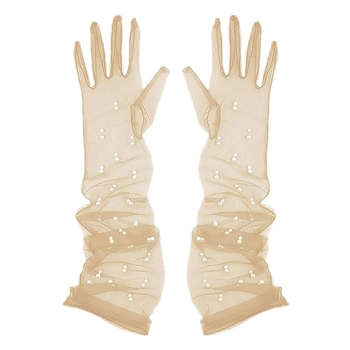 Ръкавички от мрежеста тюл с мъниста по пръстите, ултра тънки, до лактите, за сватба и балове