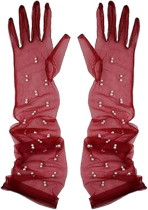 Ръкавички от мрежеста тюл с мъниста по пръстите, ултра тънки, до лактите, за сватба и балове