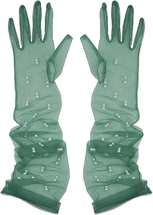 Ръкавички от мрежеста тюл с мъниста по пръстите, ултра тънки, до лактите, за сватба и балове