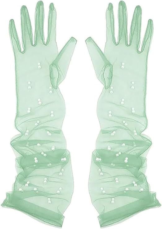 Ръкавички от мрежеста тюл с мъниста по пръстите, ултра тънки, до лактите, за сватба и балове