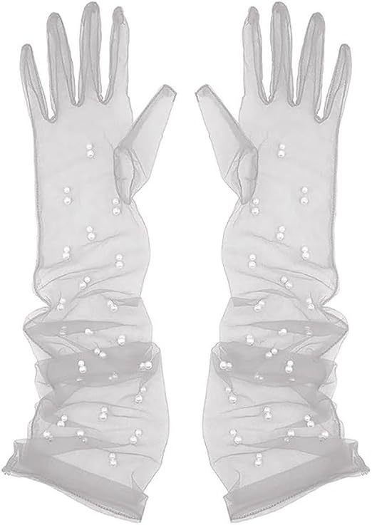 Ръкавички от мрежеста тюл с мъниста по пръстите, ултра тънки, до лактите, за сватба и балове