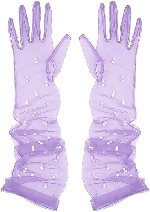 Ръкавички от мрежеста тюл с мъниста по пръстите, ултра тънки, до лактите, за сватба и балове