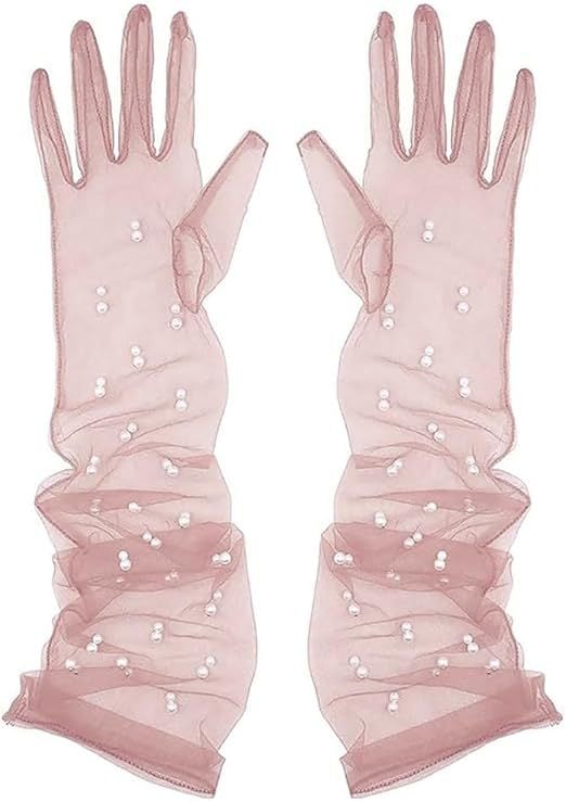 Ръкавички от мрежеста тюл с мъниста по пръстите, ултра тънки, до лактите, за сватба и балове