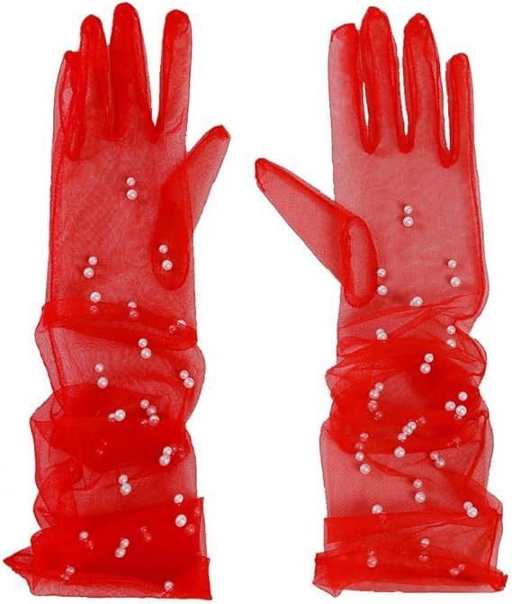 Ръкавички от мрежеста тюл с мъниста по пръстите, ултра тънки, до лактите, за сватба и балове