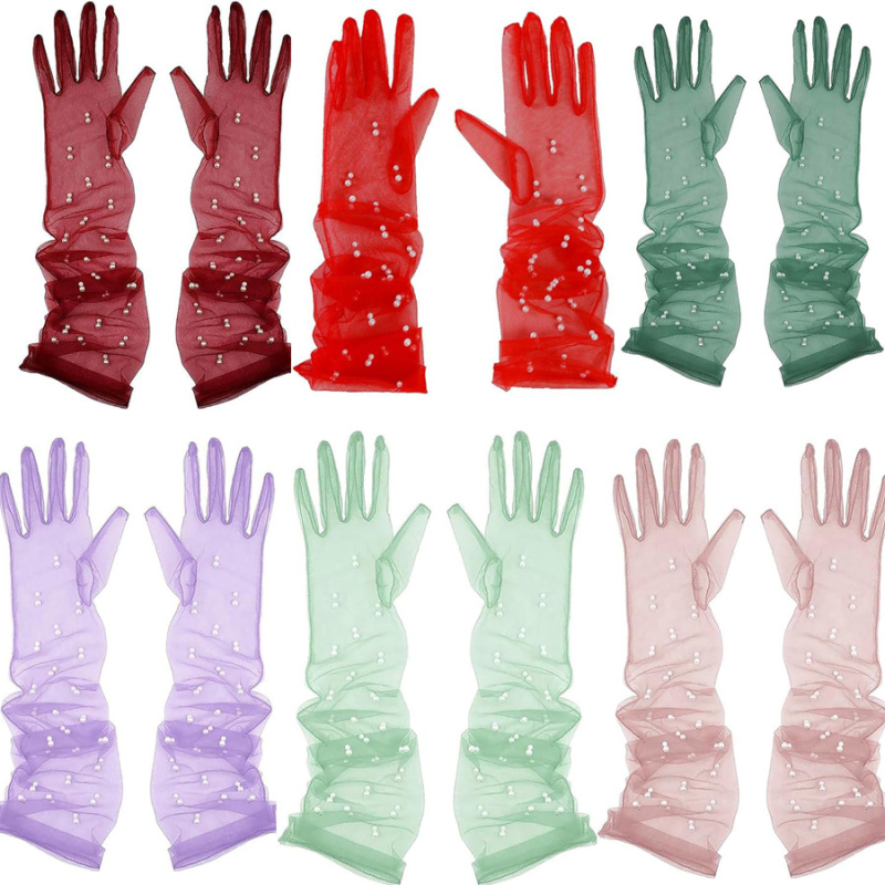 Ръкавички от мрежеста тюл с мъниста по пръстите, ултра тънки, до лактите, за сватба и балове