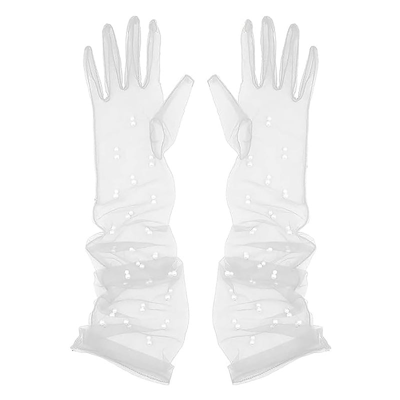 Ръкавички от мрежеста тюл с мъниста по пръстите, ултра тънки, до лактите, за сватба и балове