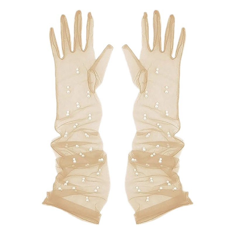 Ръкавички от мрежеста тюл с мъниста по пръстите, ултра тънки, до лактите, за сватба и балове