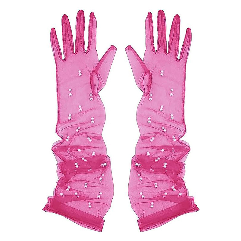 Ръкавички от мрежеста тюл с мъниста по пръстите, ултра тънки, до лактите, за сватба и балове