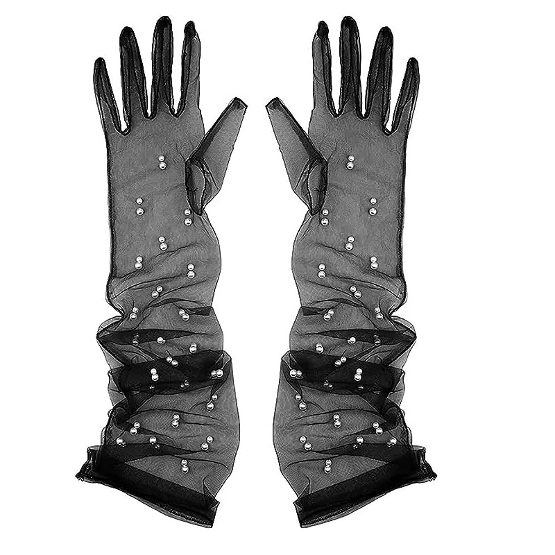 Ръкавички от мрежеста тюл с мъниста по пръстите, ултра тънки, до лактите, за сватба и балове