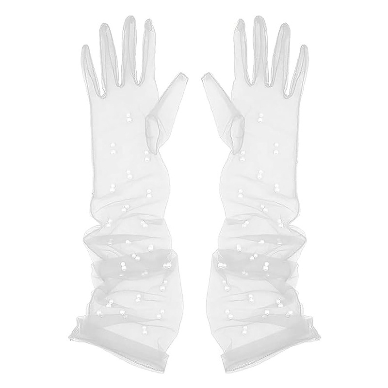 Ръкавички от мрежеста тюл с мъниста по пръстите, ултра тънки, до лактите, за сватба и балове