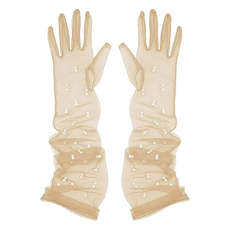 Ръкавички от мрежеста тюл с мъниста по пръстите, ултра тънки, до лактите, за сватба и балове