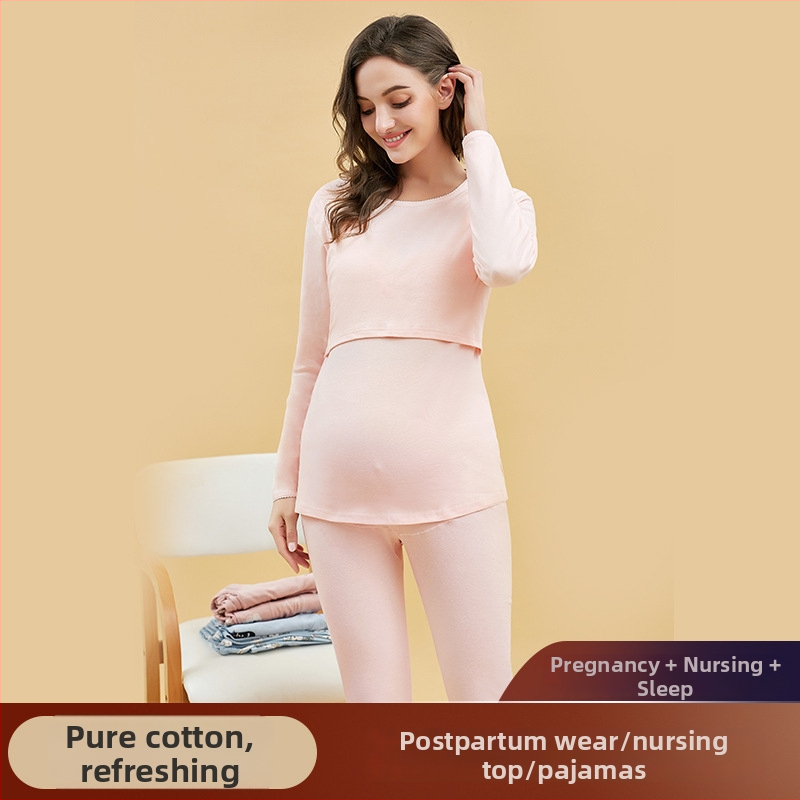 Po gimdymo maitinančio naktinio komplekto drabužiai — 100% medvilnė, ilgų rankovių viršus + ilgos kelnes, vientisas, maitinančio atidarymas