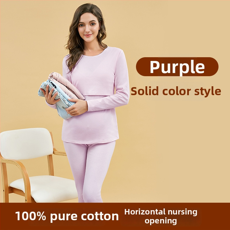 Po gimdymo maitinančio naktinio komplekto drabužiai — 100% medvilnė, ilgų rankovių viršus + ilgos kelnes, vientisas, maitinančio atidarymas