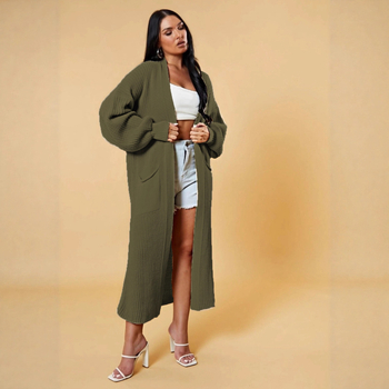 Cardigan tricotat lung pentru femei cu buzunare, croială lejeră, decolteu în V, amestec lână de oaie cu acril și poliester