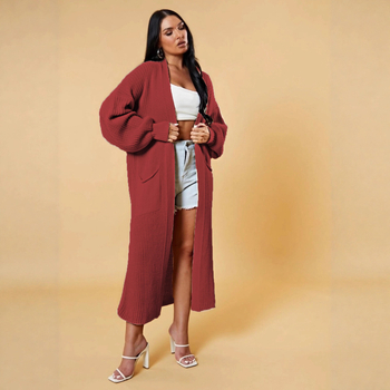 Cardigan tricotat lung pentru femei cu buzunare, croială lejeră, decolteu în V, amestec lână de oaie cu acril și poliester