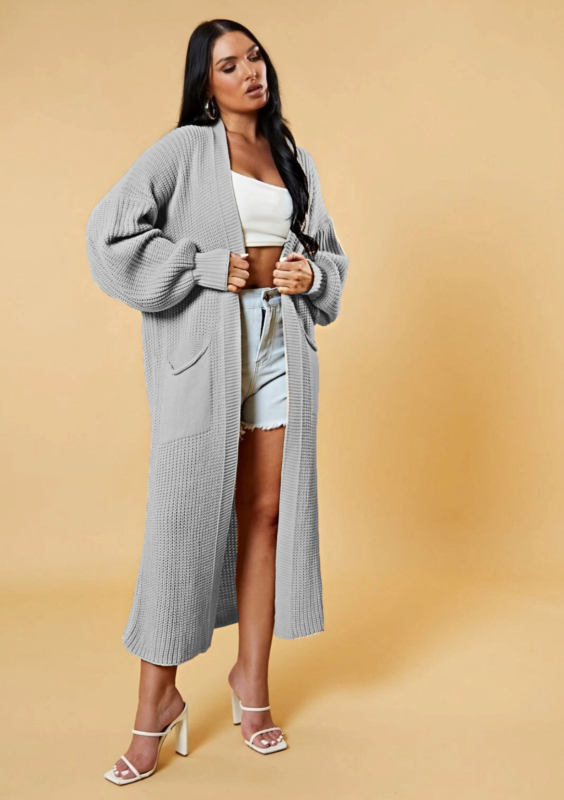 Cardigan tricotat lung pentru femei cu buzunare, croială lejeră, decolteu în V, amestec lână de oaie cu acril și poliester