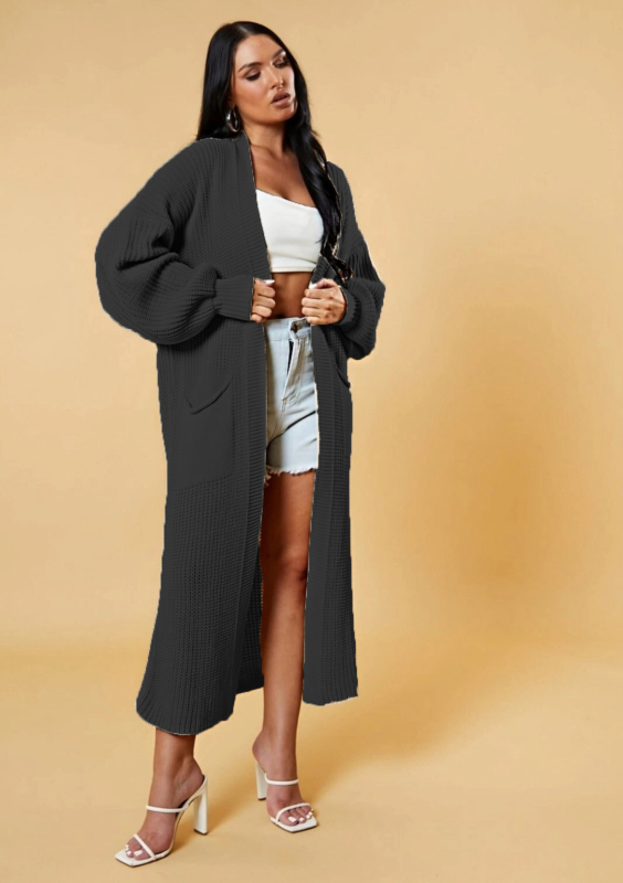 Cardigan tricotat lung pentru femei cu buzunare, croială lejeră, decolteu în V, amestec lână de oaie cu acril și poliester