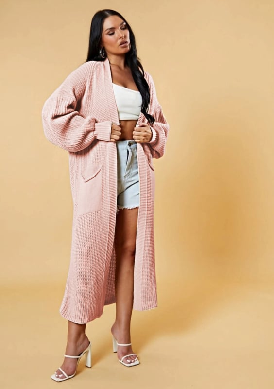 Cardigan tricotat lung pentru femei cu buzunare, croială lejeră, decolteu în V, amestec lână de oaie cu acril și poliester