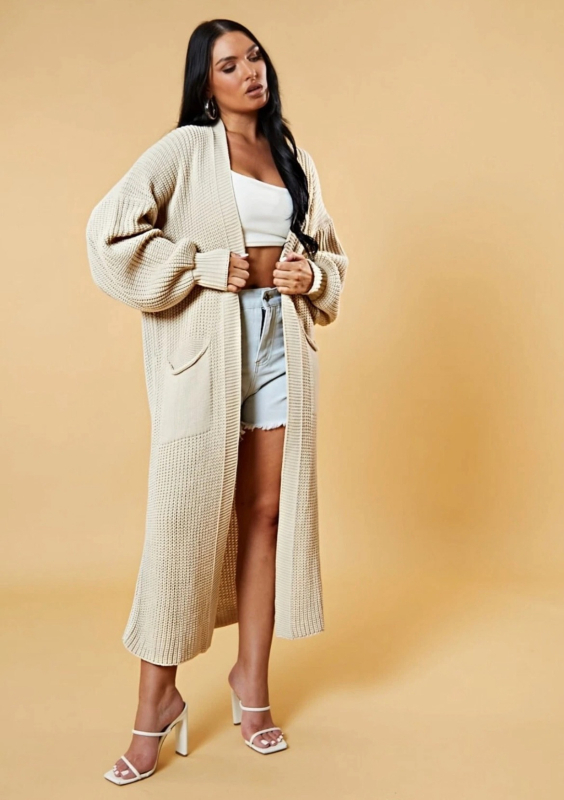 Cardigan tricotat lung pentru femei cu buzunare, croială lejeră, decolteu în V, amestec lână de oaie cu acril și poliester