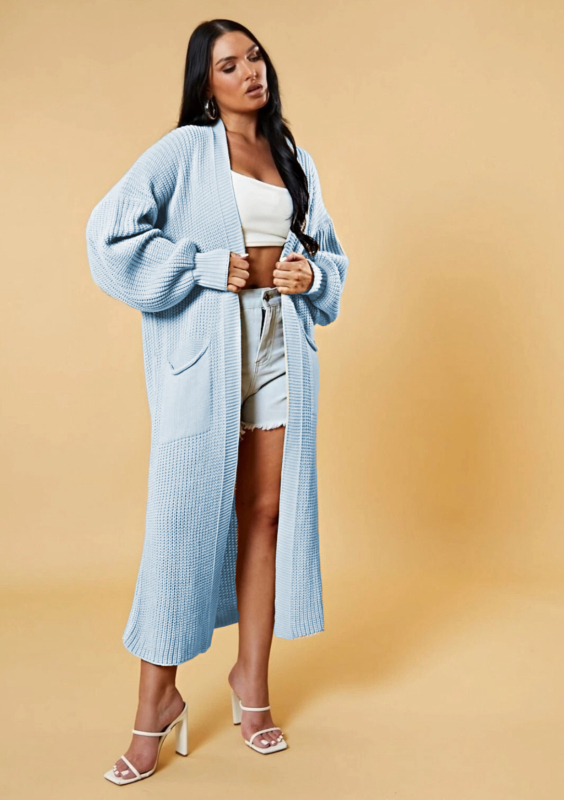 Cardigan tricotat lung pentru femei cu buzunare, croială lejeră, decolteu în V, amestec lână de oaie cu acril și poliester