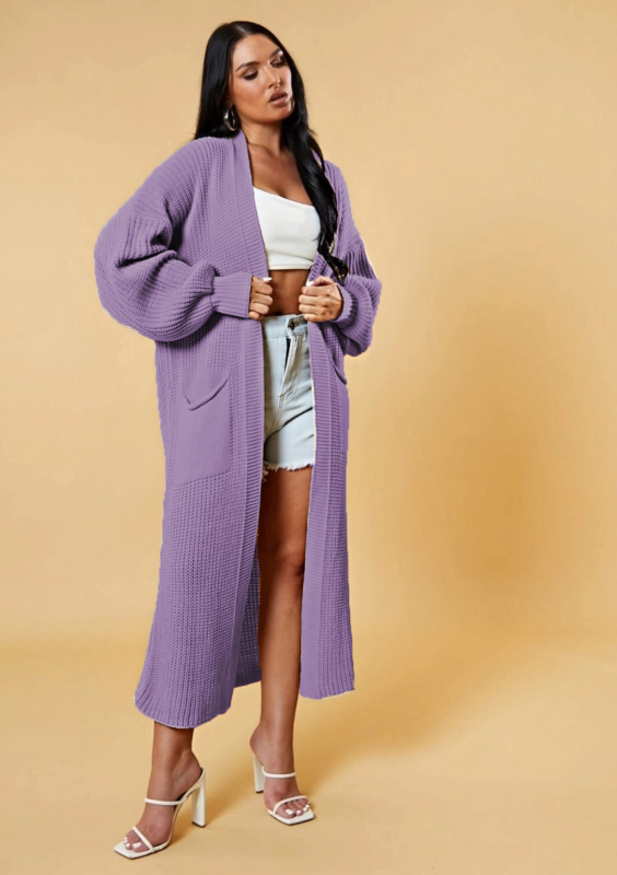 Cardigan tricotat lung pentru femei cu buzunare, croială lejeră, decolteu în V, amestec lână de oaie cu acril și poliester