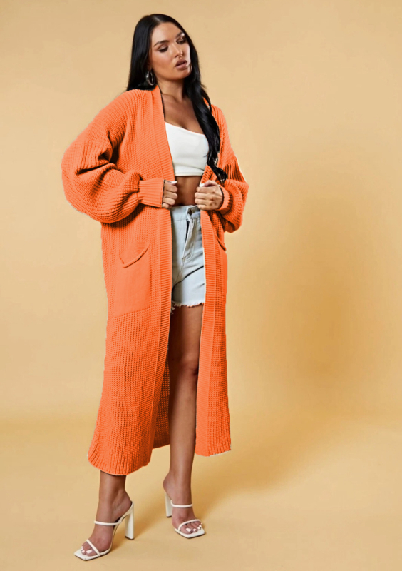 Cardigan tricotat lung pentru femei cu buzunare, croială lejeră, decolteu în V, amestec lână de oaie cu acril și poliester