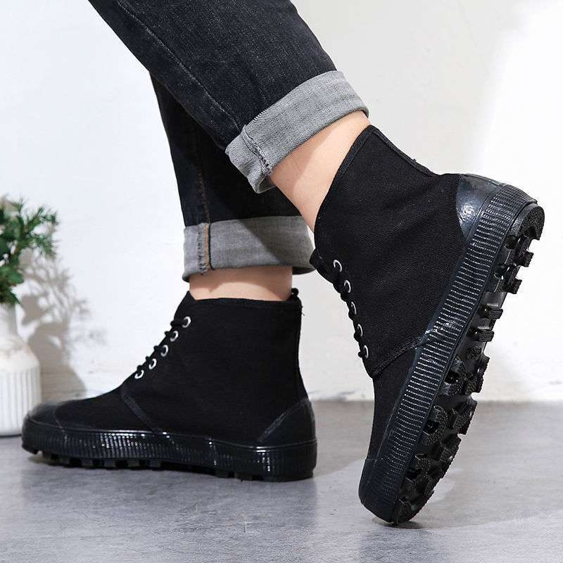 Vyriniai darbiniai bateliai iš drobės su gumine padų, anti-slydim ir atsparūs dilimui, vidutinio aukščio pirštų apsauga iš odos, raišteliai