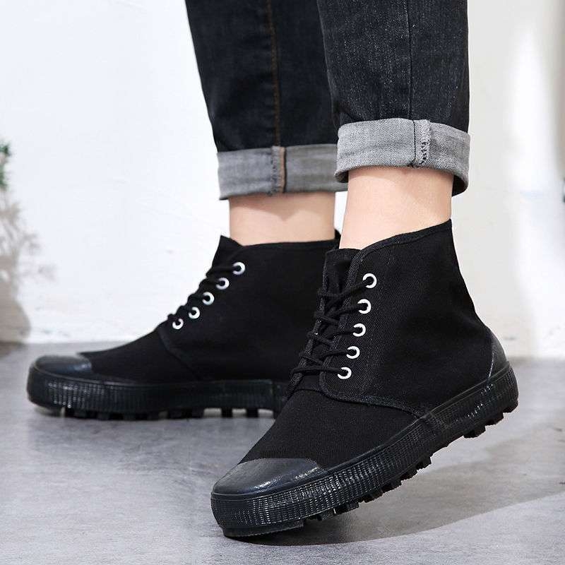 Vyriniai darbiniai bateliai iš drobės su gumine padų, anti-slydim ir atsparūs dilimui, vidutinio aukščio pirštų apsauga iš odos, raišteliai