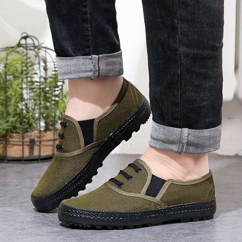 Vyriniai darbiniai bateliai iš drobės su gumine padų, anti-slydim ir atsparūs dilimui, vidutinio aukščio pirštų apsauga iš odos, raišteliai