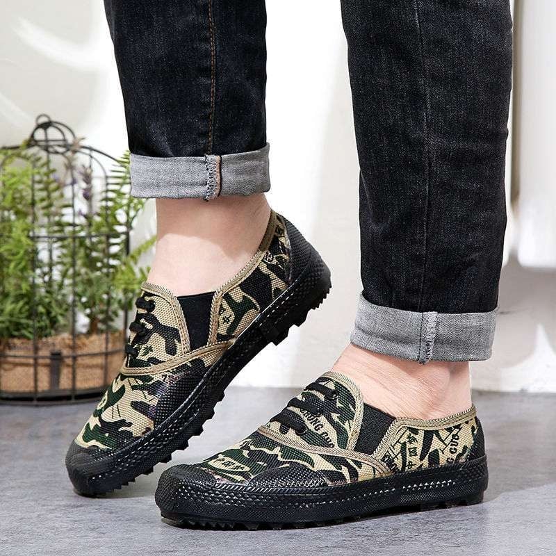 Vyriniai darbiniai bateliai iš drobės su gumine padų, anti-slydim ir atsparūs dilimui, vidutinio aukščio pirštų apsauga iš odos, raišteliai